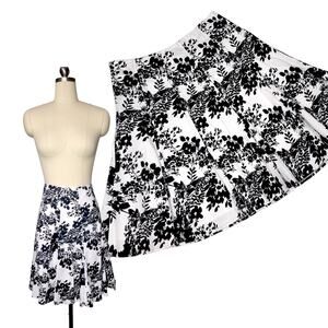 Focus 2000 Skirt 8P Black White Floral A-Line Flared Vintage Petite Flounce Midi